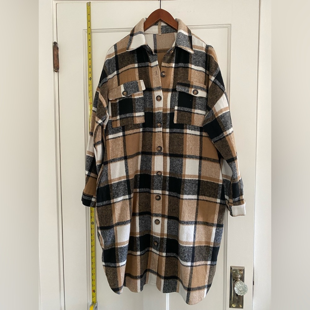 Plaid Shacket Coatigan in Camel/Black/White